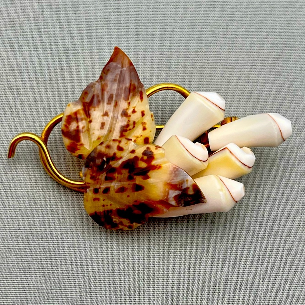 Vintage Carved Shell Floral Brooch with Gold-Tone Setting
